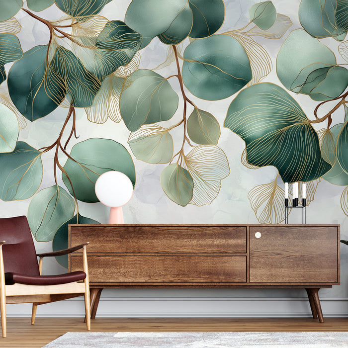 Une pièce moderne avec un papier peint aux motifs de grandes feuilles vertes et dorées, créant une ambiance naturelle et apaisante.