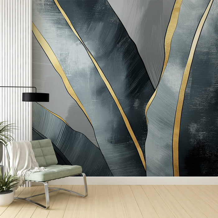 Papier peint feuilles élégantes | Design abstrait en nuances de gris avec touches dorées