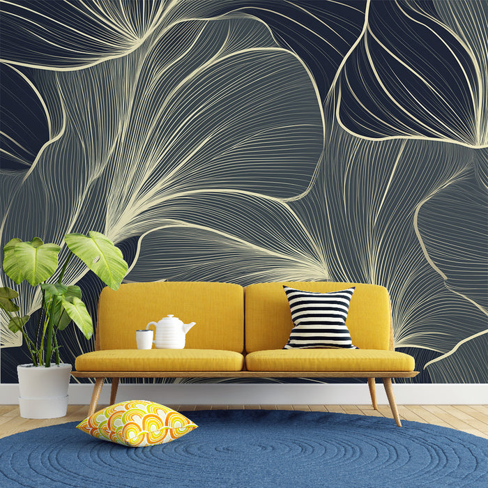 Papier peint feuilles élégantes | Motif contemporain de feuilles sur fond sombre