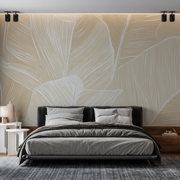 Papier peint élégant avec motif de feuilles blanches sur fond beige doux pour chambre moderne