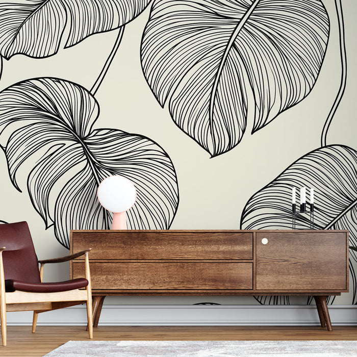 Papier peint élégant avec motif de feuilles fines sur fond clair pour salon moderne.