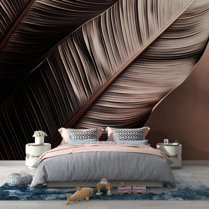Une chambre moderne avec un papier peint représentant de grandes feuilles aux teintes brunes et dorées, créant une ambiance chaleureuse et naturelle.