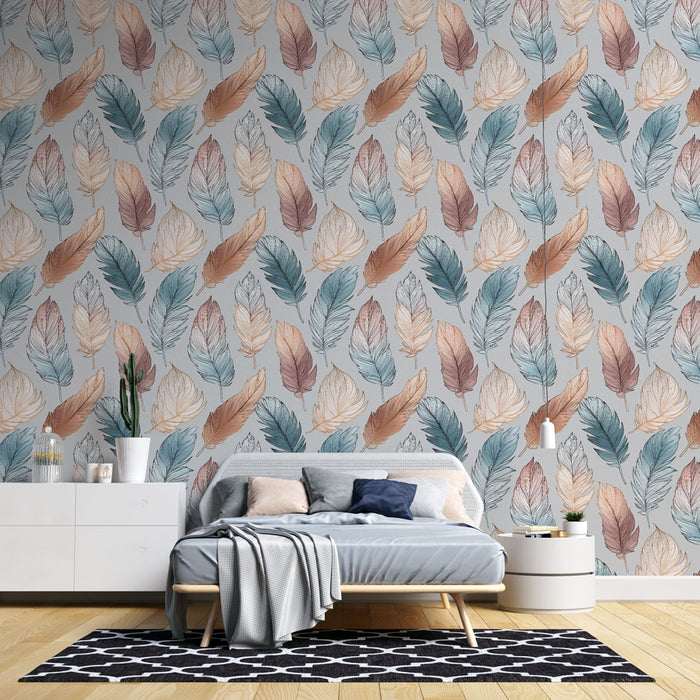 Une chambre moderne avec un papier peint aux motifs de feuilles délicates dans des teintes pastel, créant une atmosphère douce et apaisante.