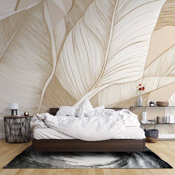 Papier peint élégant avec motif délicat de feuilles stylisées en beige et blanc pour chambre moderne