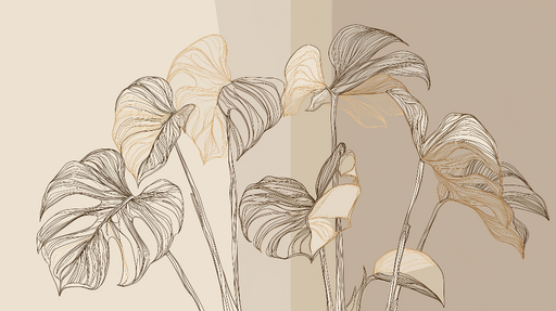 Papier peint feuilles élégantes Motif linéaire de feuilles délicates en tons neutres