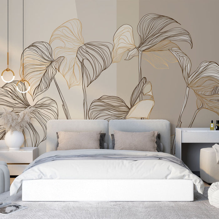 Une chambre moderne avec un papier peint aux lignes dorées représentant de grandes feuilles stylisées sur un fond neutre, créant une ambiance élégante et apaisante.