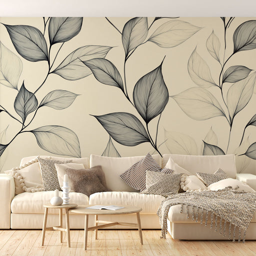 Papier peint élégant avec motif linéaire de feuilles sur fond clair pour salon moderne