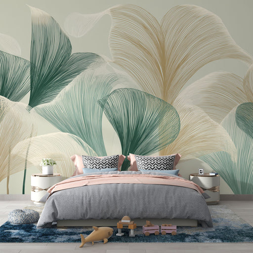 Une chambre moderne avec un papier peint représentant de grandes feuilles stylisées en vert et beige, créant une ambiance apaisante et naturelle.