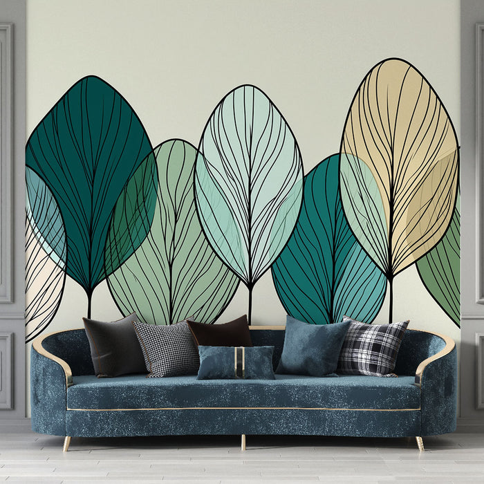 Un salon élégant avec un papier peint représentant de grandes feuilles stylisées dans des teintes de vert et beige, créant une atmosphère apaisante et naturelle.