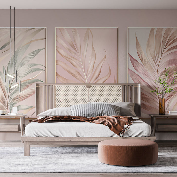 Une chambre élégante avec un papier peint représentant de grandes feuilles dans des teintes douces de rose et vert, créant une atmosphère apaisante et naturelle.