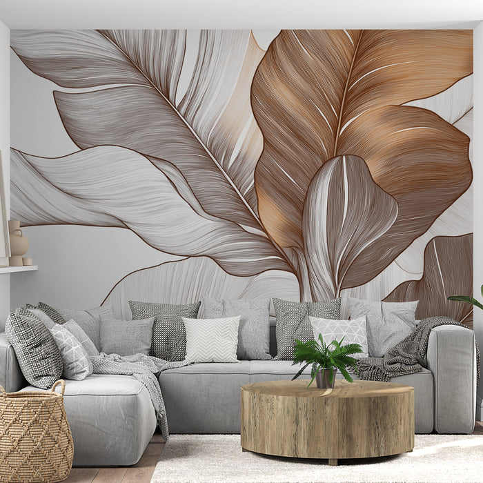 Un salon moderne avec un papier peint représentant de grandes feuilles stylisées dans des teintes de beige et marron, créant une atmosphère chaleureuse et apaisante.