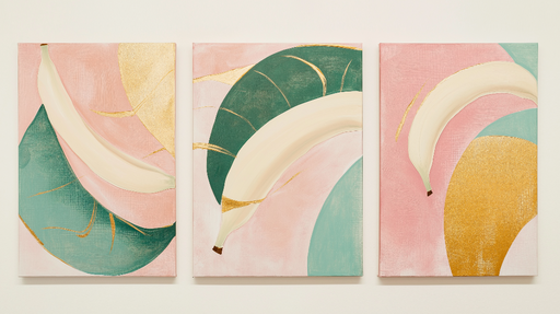 Papier peint feuilles et bananes Motif abstrait avec des nuances douces et des accents dorés