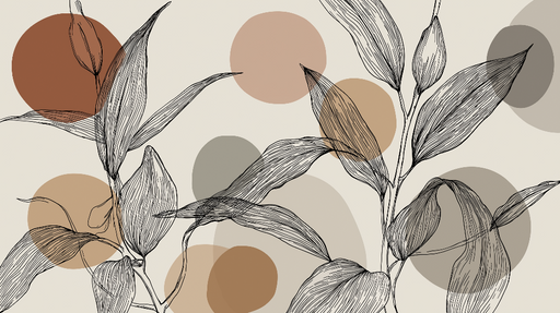 Papier peint feuilles et cercles colorés Design minimaliste avec feuillage noir et cercles doux