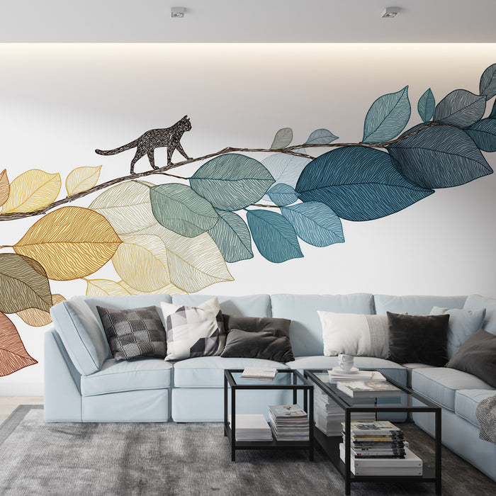 Un salon moderne avec un papier peint illustrant une branche ornée de feuilles stylisées aux teintes douces et d'un chat noir, créant une atmosphère apaisante et artistique.