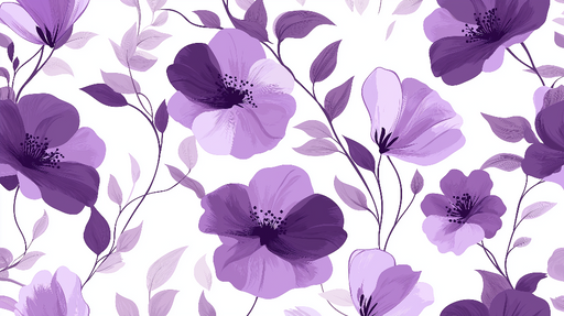 Papier peint feuilles et fleurs Mauve pastel sur fond blanc