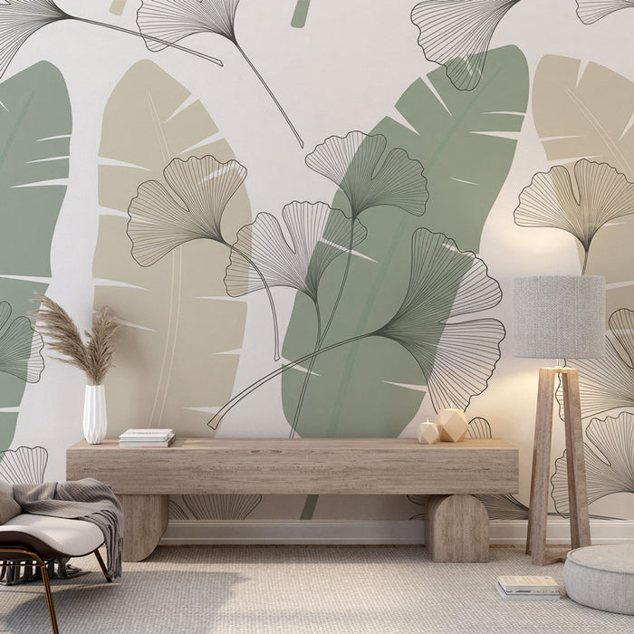 Une pièce lumineuse avec un papier peint aux motifs botaniques délicats dans des teintes vertes et beiges, créant une atmosphère apaisante et naturelle.