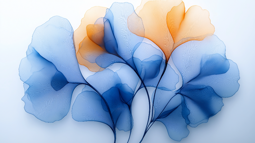 Papier peint feuilles éthérées Motif floral délicat en dégradé de bleu et orange