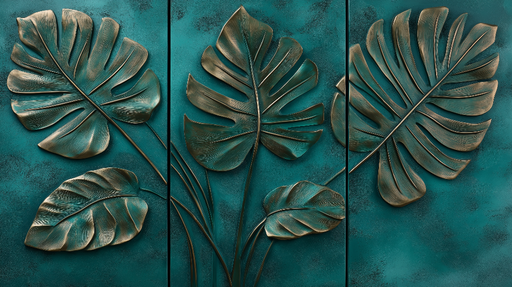 Papier peint feuilles exotiques Feuilles dorées sur fond turquoise