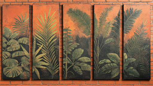 Papier peint feuilles exotiques Motifs de feuillage doré sur fond orangé