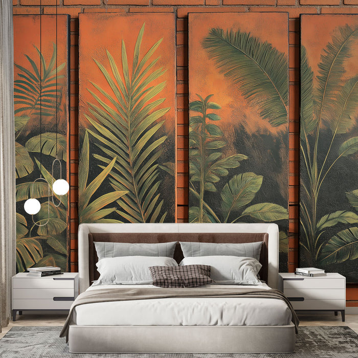 Une chambre moderne avec un papier peint tropical aux motifs de grandes feuilles vertes sur fond orangé, créant une ambiance chaleureuse et accueillante.