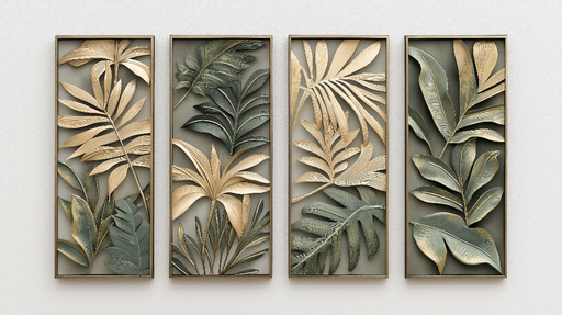 Papier peint feuilles exotiques Motifs en relief dorés et verts