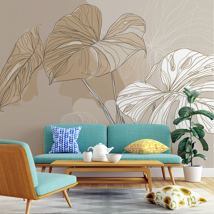 Papier peint feuilles | Feuilles de monstera en lignes délicates sur fond doux