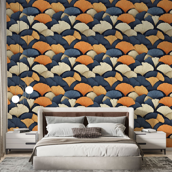 Une chambre moderne avec un papier peint aux motifs de feuilles stylisées en bleu marine, orange et crème, créant une atmosphère chaleureuse et dynamique.