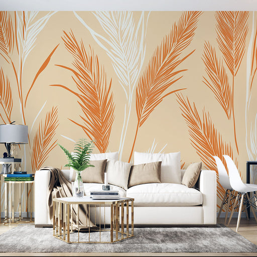 Papier peint feuilles graphiques avec motif de feuilles stylisées en orange et blanc sur fond pêche pour salon moderne.