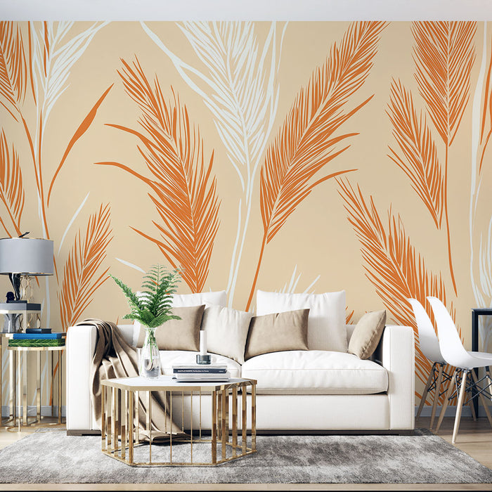 Papier peint feuilles graphiques avec motif de feuilles stylisées en orange et blanc sur fond pêche pour salon moderne.
