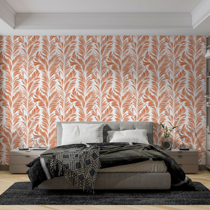 Une chambre élégante avec un papier peint aux motifs de feuilles en terracotta sur fond blanc, créant une atmosphère chaleureuse et accueillante.