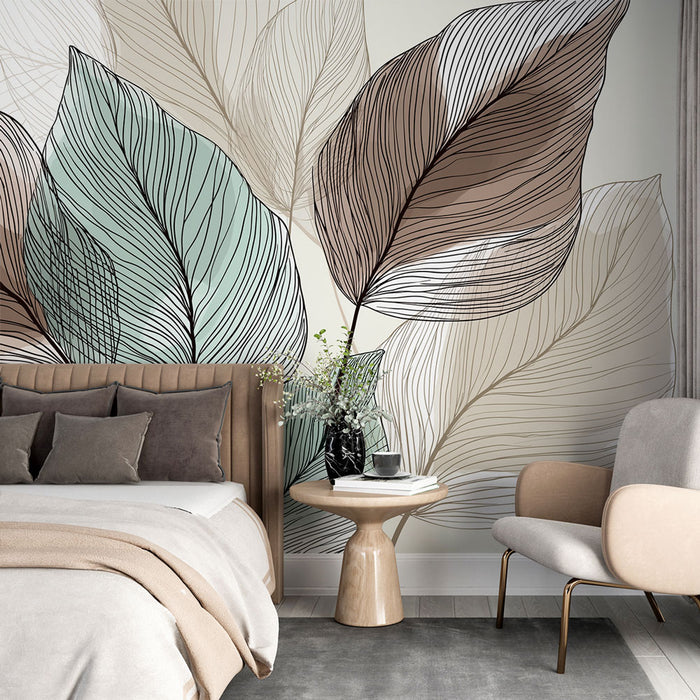 Une chambre moderne avec un papier peint représentant de grandes feuilles aux teintes douces de vert, brun et beige, créant une ambiance apaisante et naturelle.