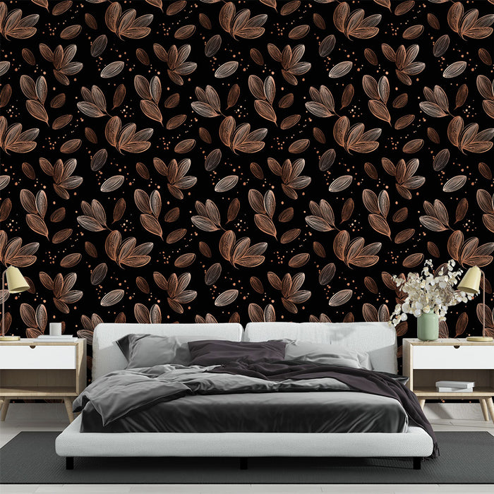 Une chambre moderne avec un papier peint floral noir orné de feuilles aux teintes cuivrées et blanches, créant une ambiance élégante et chaleureuse.