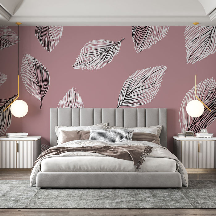 Une chambre moderne avec un papier peint rose pâle orné de grandes feuilles noires, créant une atmosphère douce et apaisante.