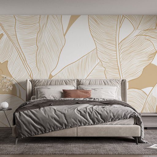 Papier peint minimaliste avec motif élégant de feuilles dorées sur fond clair pour chambre moderne
