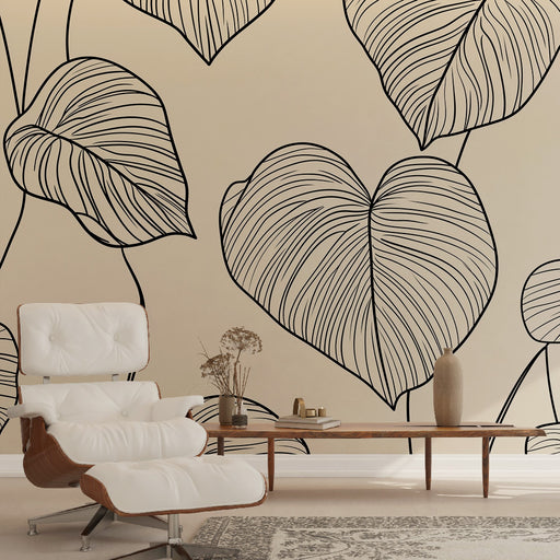 Papier peint minimaliste avec motif linéaire de feuilles sur fond doux pour salon moderne
