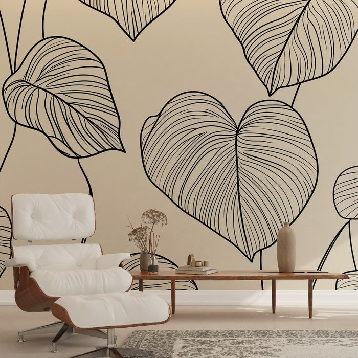 Papier peint minimaliste avec motif linéaire de feuilles sur fond doux pour salon moderne
