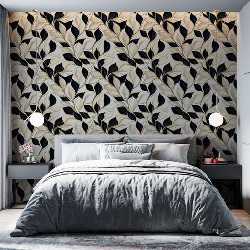 Une chambre moderne avec un papier peint floral noir et doré aux motifs élégants, créant une atmosphère sophistiquée et chaleureuse.