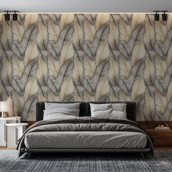Une chambre moderne avec un papier peint aux motifs de feuilles délicates en noir et beige, créant une atmosphère apaisante et élégante.