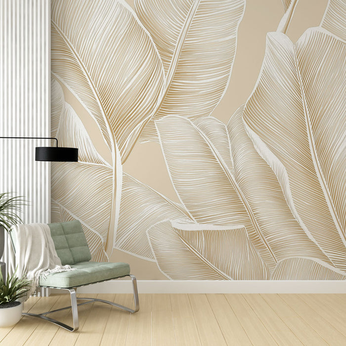 Papier peint élégant avec motif de feuilles sur fond beige pour salon moderne