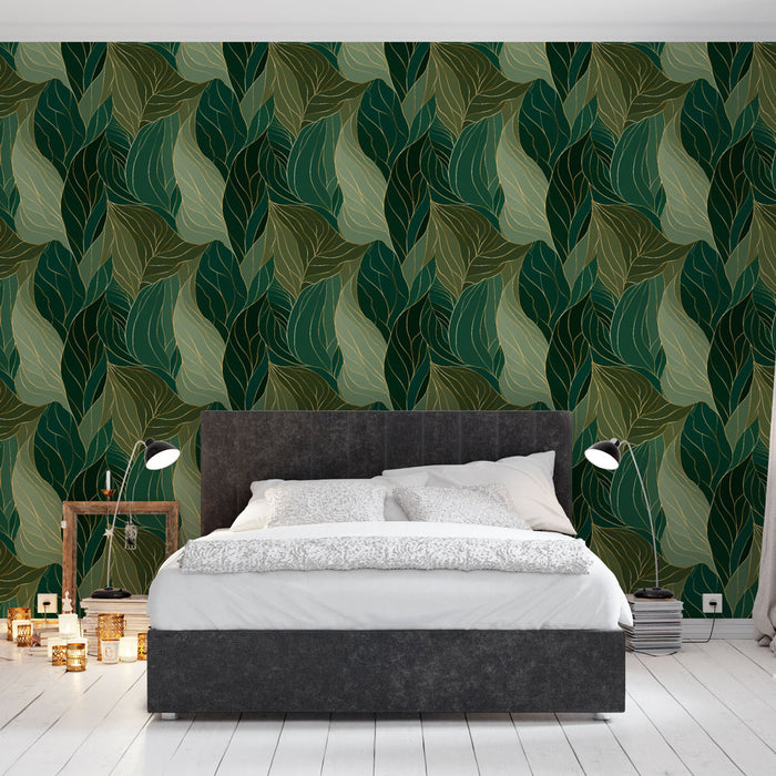 Une chambre moderne avec un papier peint aux motifs de feuilles stylisées dans des teintes de vert et beige, créant une ambiance naturelle et apaisante.