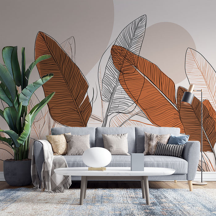 Papier peint feuilles | Motifs de feuilles aux teintes terreuses et lignes modernes