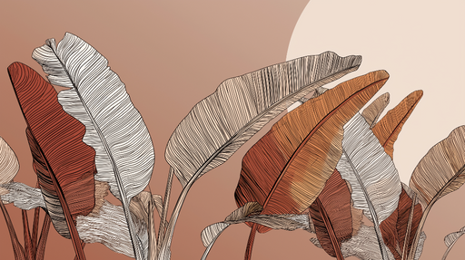 Papier peint feuilles Motifs de feuilles dans des tons terracotta et linéaires
