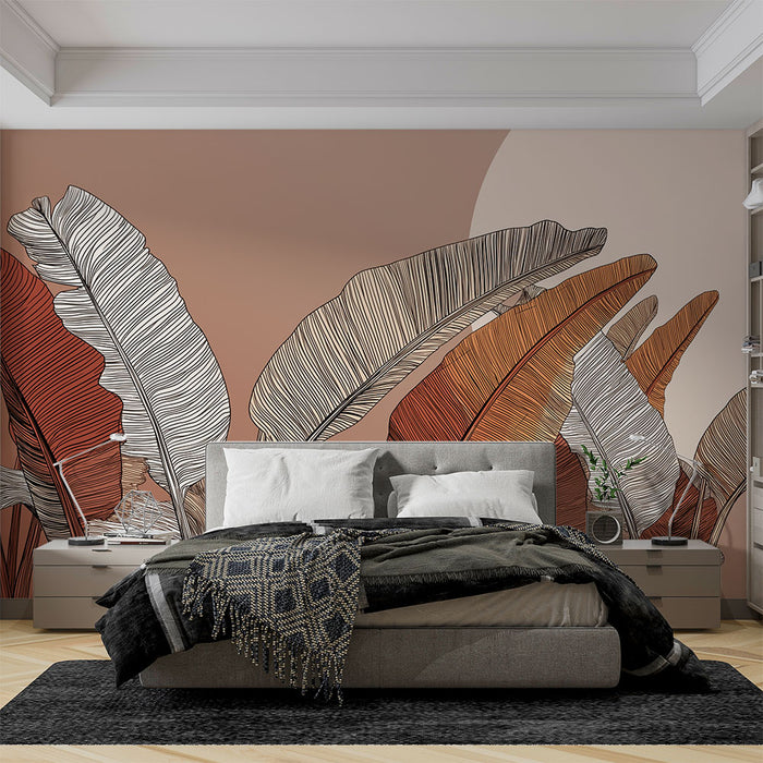 Papier peint feuilles | Motifs de feuilles dans des tons terracotta et linéaires