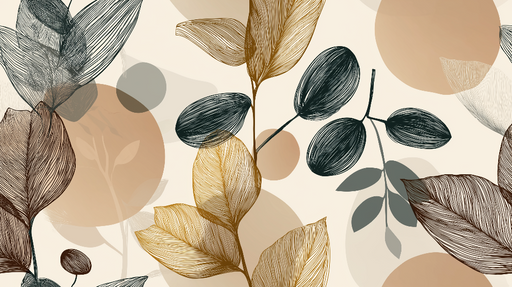 Papier peint feuilles Motifs floraux et cercles abstraits dans des tons terreux