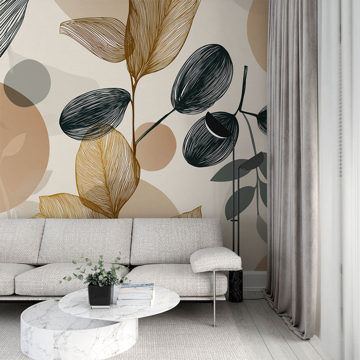 Un salon moderne avec un papier peint aux motifs de feuilles stylisées dans des teintes dorées, noires et terracotta, créant une atmosphère chaleureuse et artistique.