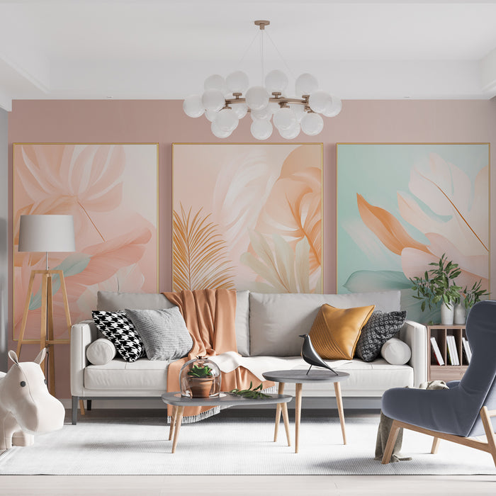 Un salon moderne avec un papier peint aux grandes feuilles pastel, créant une ambiance douce et apaisante, rehaussée par des touches dorées.