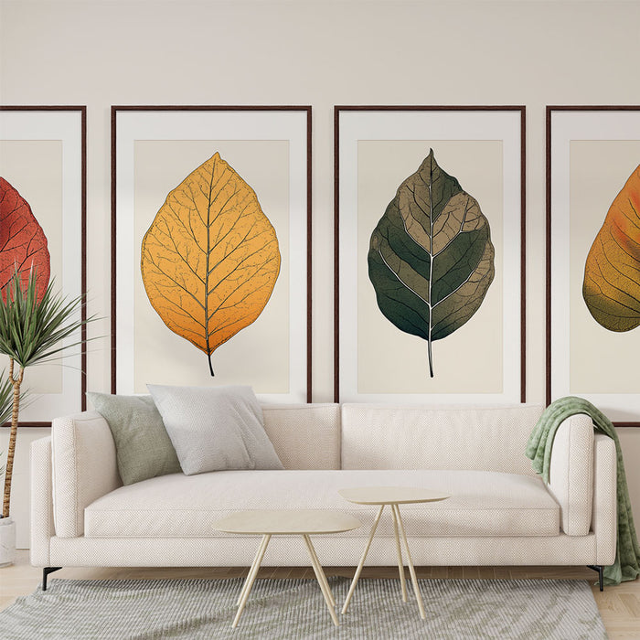 Un salon moderne avec un papier peint représentant de grandes feuilles stylisées aux teintes chaudes et naturelles, créant une atmosphère apaisante et accueillante.