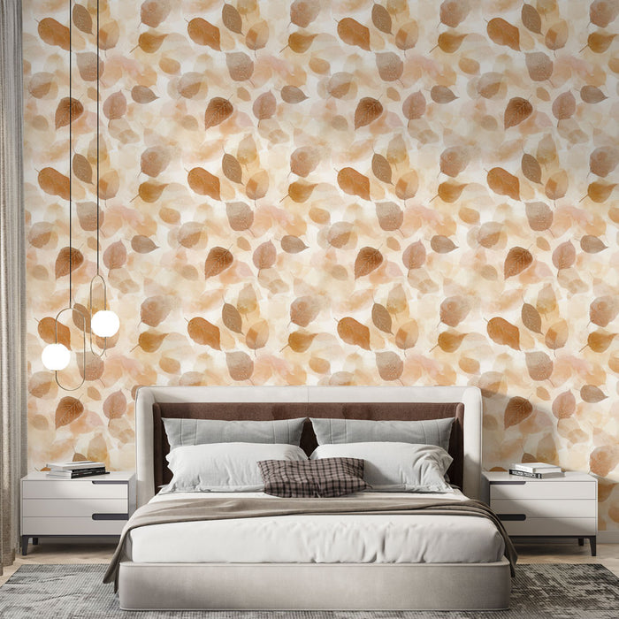 Une chambre moderne avec un papier peint aux motifs de feuilles dans des teintes chaudes de beige et caramel, créant une atmosphère douce et accueillante.