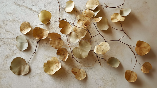 Papier peint feuilles séchées Ramification de feuilles dorées et blanches sur fond texturé
