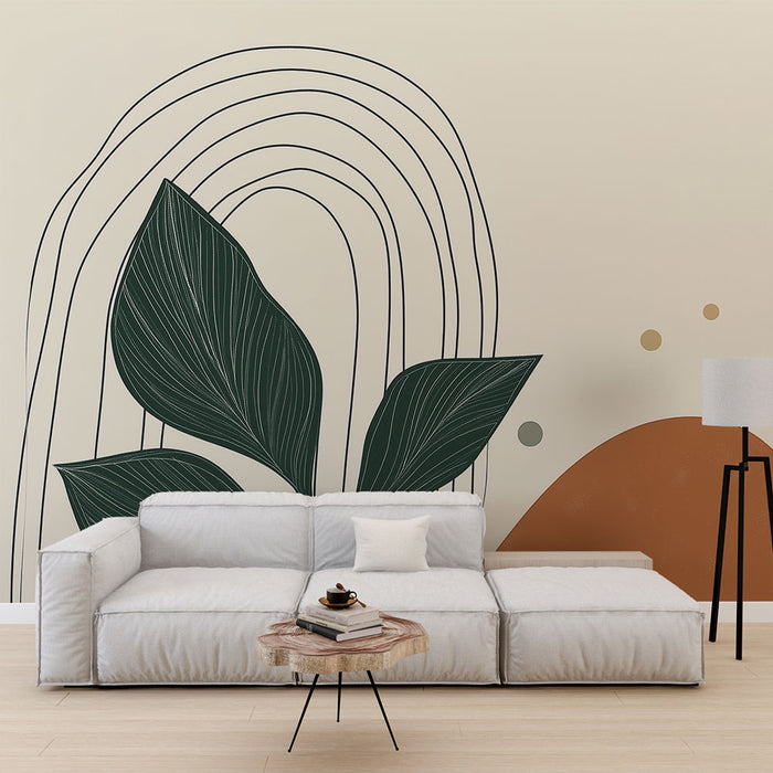 Papier peint moderne avec feuilles stylisées et formes organiques pour salon contemporain